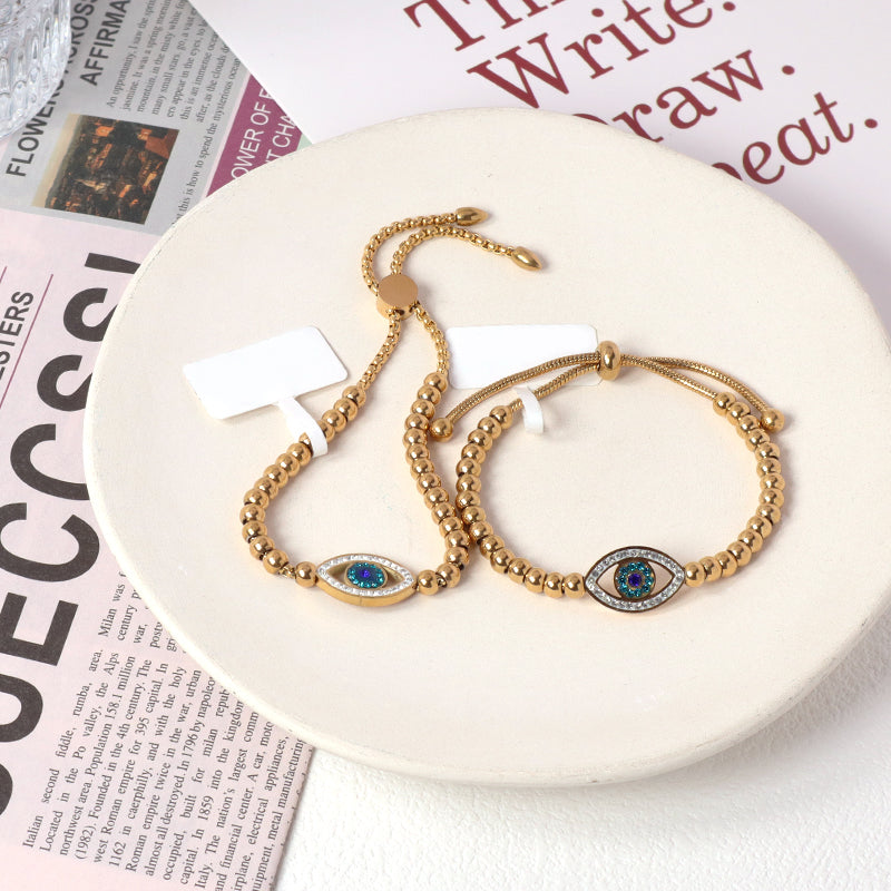 Customized Wholesale China Factory Manufacture Fashionable Women Devil Eyes Charm Jewelry Gift Ajustable Gold Plated Stainless Steel CZ Pink Evil Eyes Bracelet Bangle