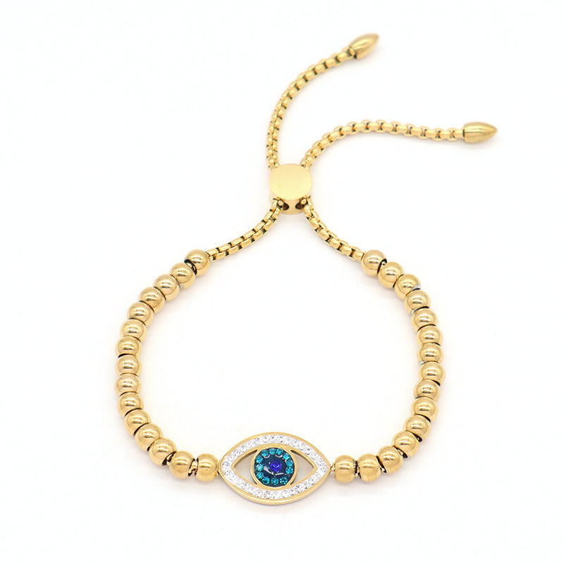 Customized Wholesale China Factory Manufacture Fashionable Women Devil Eyes Charm Jewelry Gift Ajustable Gold Plated Stainless Steel CZ Pink Evil Eyes Bracelet Bangle