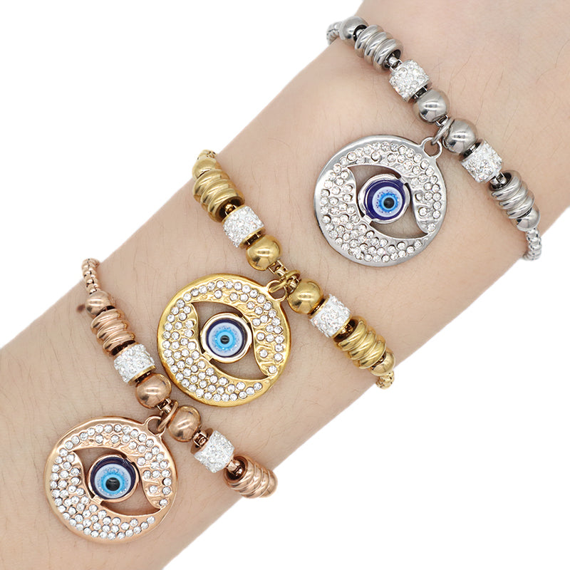 Wholesale Manufacture Fashionable Women Customized China Factory Devil Eyes Charm Jewelry Gift Ajustable Gold Plated Stainless Steel CZ Evil Eyes Bracelet Bangle