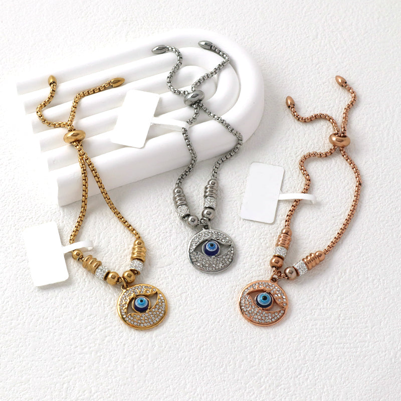 Wholesale Manufacture Fashionable Women Customized China Factory Devil Eyes Charm Jewelry Gift Ajustable Gold Plated Stainless Steel CZ Evil Eyes Bracelet Bangle