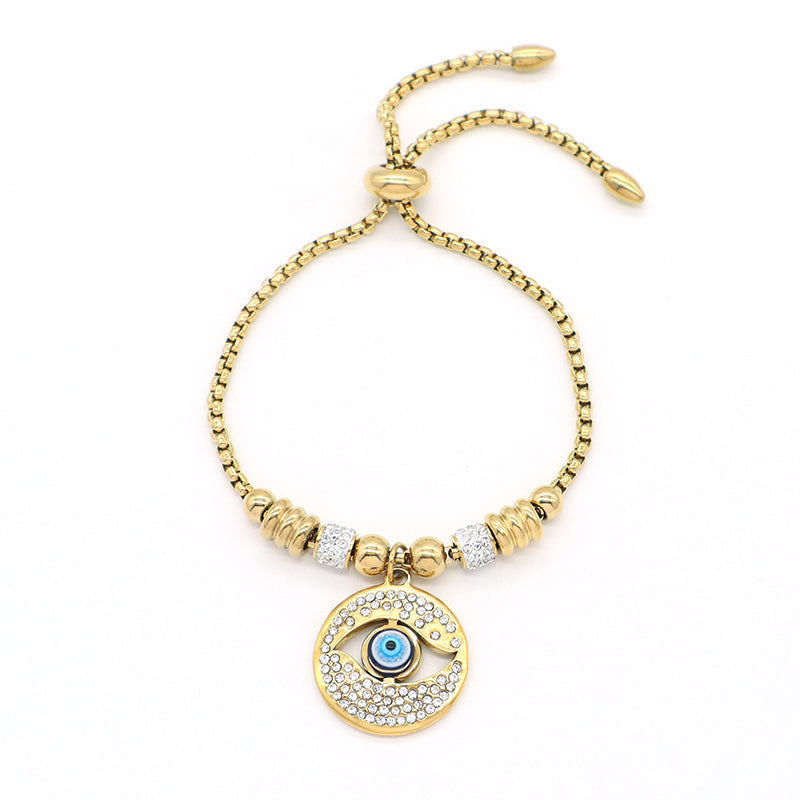 Wholesale Manufacture Fashionable Women Customized China Factory Devil Eyes Charm Jewelry Gift Ajustable Gold Plated Stainless Steel CZ Evil Eyes Bracelet Bangle