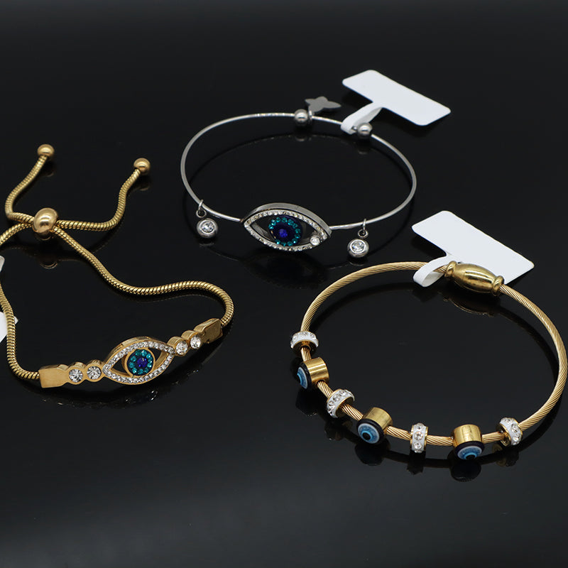 Fashionable New Customized Wholesale China Factory Manufacture Women Devil Eyes Charm Jewelry Ajustable Gold Plated Stainless Steel CZ Blue Evil Eyes Bracelet Bangle For Gift