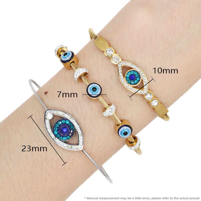 Fashionable New Customized Wholesale China Factory Manufacture Women Devil Eyes Charm Jewelry Ajustable Gold Plated Stainless Steel CZ Blue Evil Eyes Bracelet Bangle For Gift