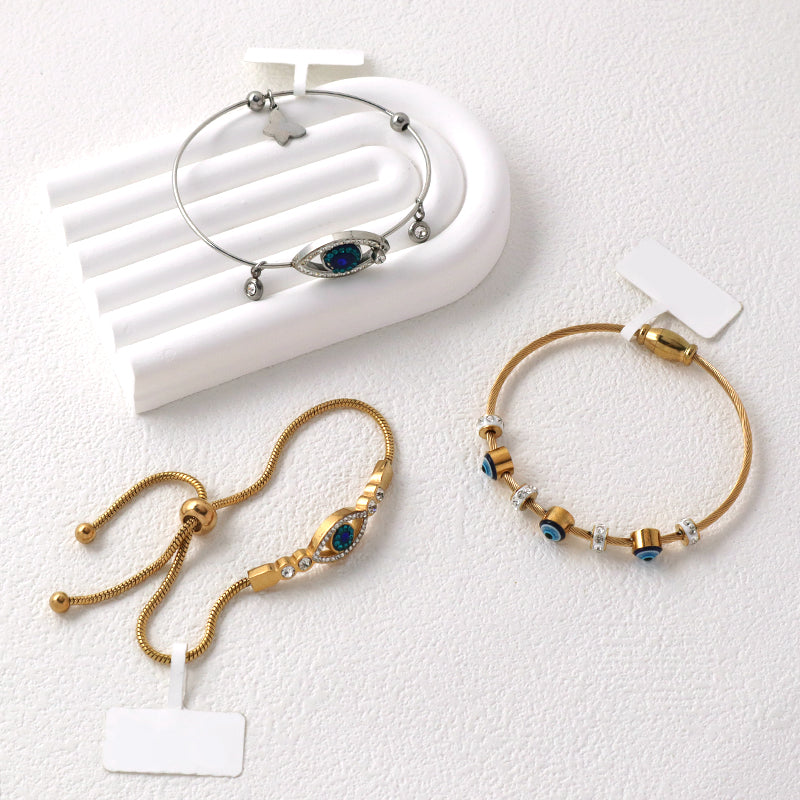 Fashionable New Customized Wholesale China Factory Manufacture Women Devil Eyes Charm Jewelry Ajustable Gold Plated Stainless Steel CZ Blue Evil Eyes Bracelet Bangle For Gift