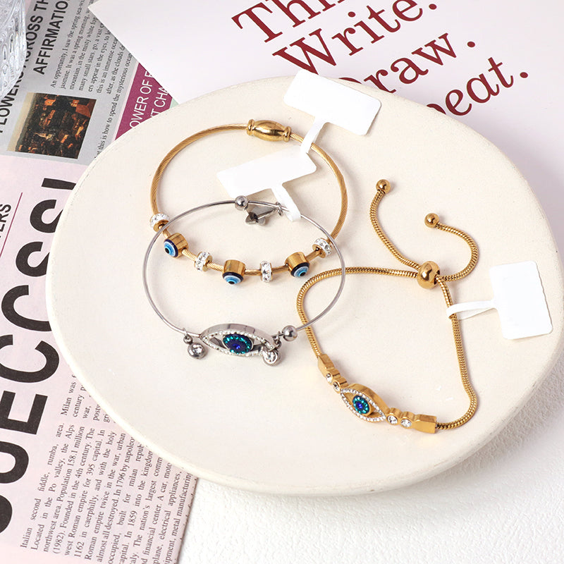 Fashionable New Customized Wholesale China Factory Manufacture Women Devil Eyes Charm Jewelry Ajustable Gold Plated Stainless Steel CZ Blue Evil Eyes Bracelet Bangle For Gift