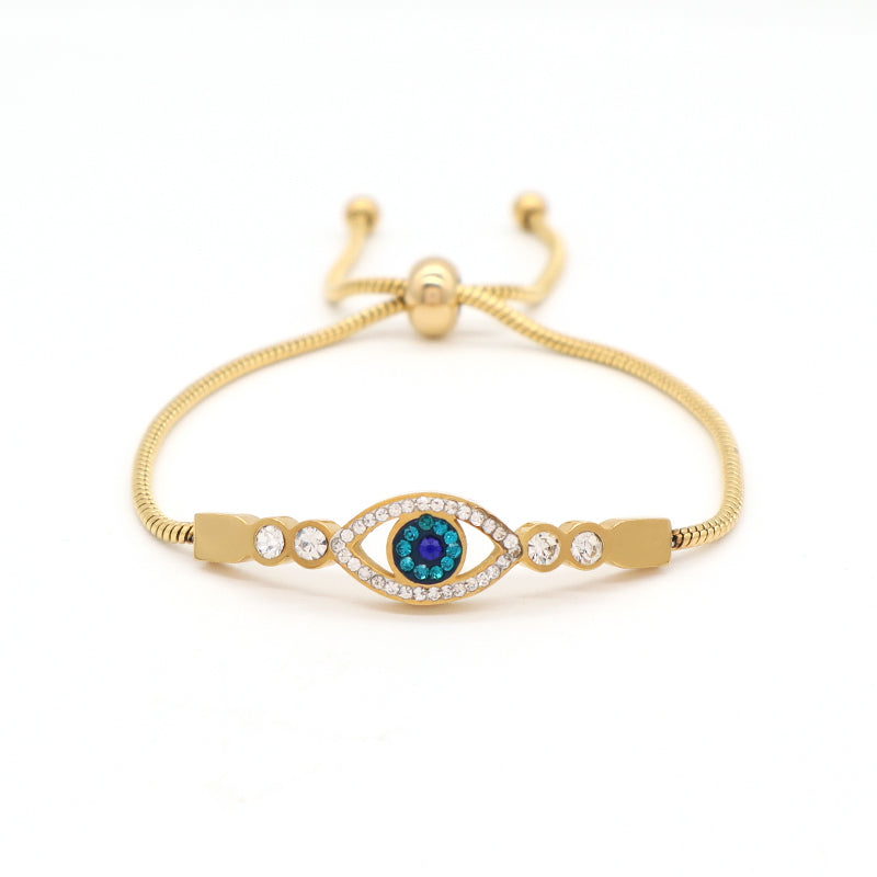 Fashionable New Customized Wholesale China Factory Manufacture Women Devil Eyes Charm Jewelry Ajustable Gold Plated Stainless Steel CZ Blue Evil Eyes Bracelet Bangle For Gift