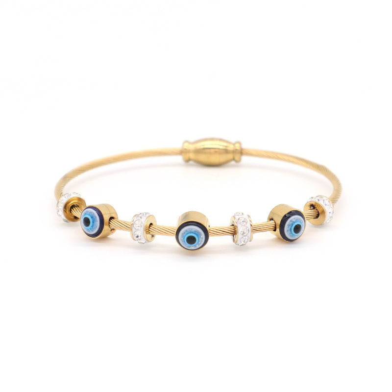 Fashionable New Customized Wholesale China Factory Manufacture Women Devil Eyes Charm Jewelry Ajustable Gold Plated Stainless Steel CZ Blue Evil Eyes Bracelet Bangle For Gift