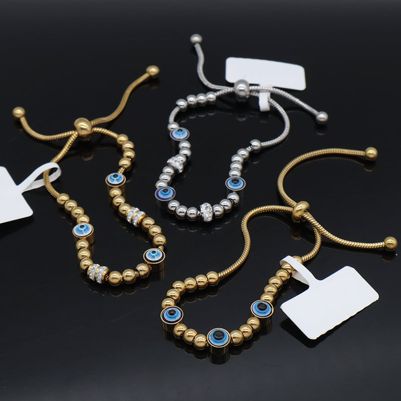 Ajustable Newest Women Customized Wholesale China Factory Manufacture Fashionable Devil Eyes Charm Bangle Jewelry Gift Gold Plated Stainless Steel CZ Blue Evil Eyes Bracelet