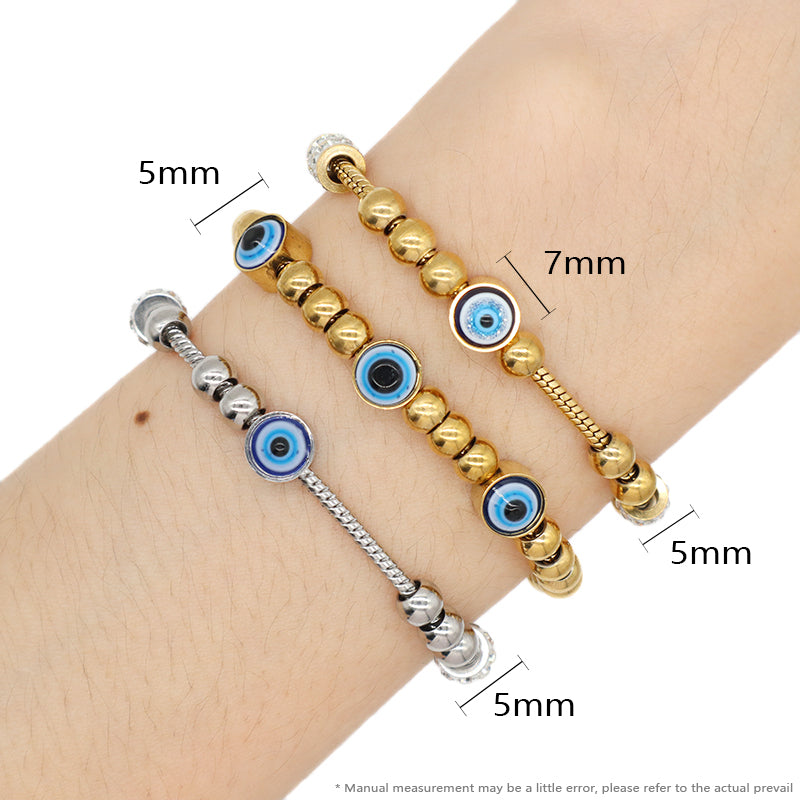 Ajustable Newest Women Customized Wholesale China Factory Manufacture Fashionable Devil Eyes Charm Bangle Jewelry Gift Gold Plated Stainless Steel CZ Blue Evil Eyes Bracelet