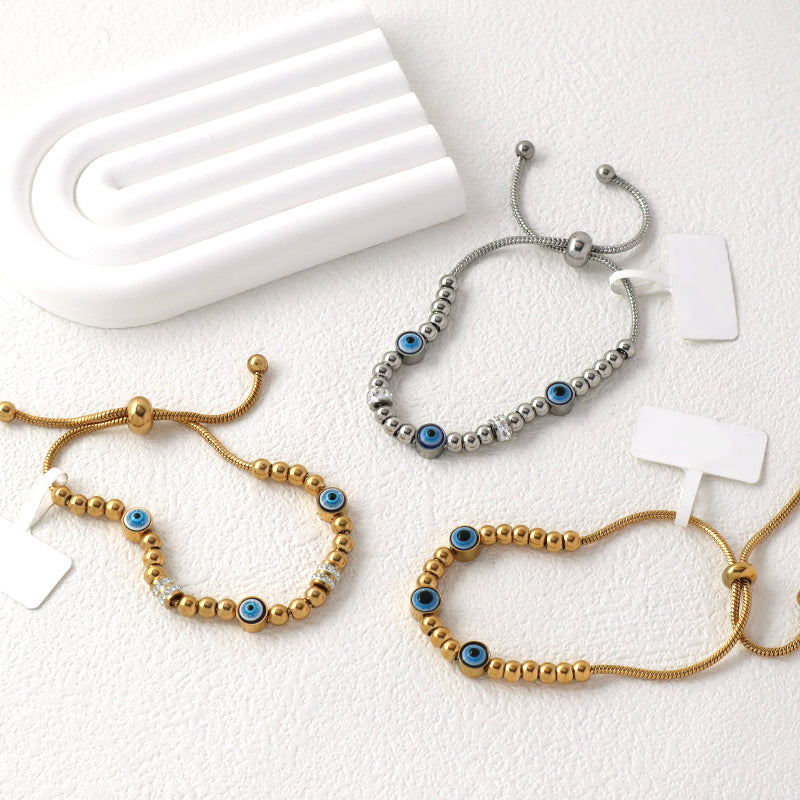Ajustable Newest Women Customized Wholesale China Factory Manufacture Fashionable Devil Eyes Charm Bangle Jewelry Gift Gold Plated Stainless Steel CZ Blue Evil Eyes Bracelet