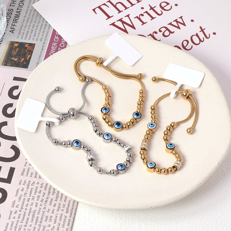 Ajustable Newest Women Customized Wholesale China Factory Manufacture Fashionable Devil Eyes Charm Bangle Jewelry Gift Gold Plated Stainless Steel CZ Blue Evil Eyes Bracelet