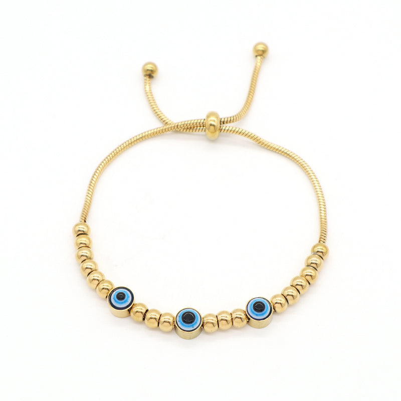 Ajustable Newest Women Customized Wholesale China Factory Manufacture Fashionable Devil Eyes Charm Bangle Jewelry Gift Gold Plated Stainless Steel CZ Blue Evil Eyes Bracelet