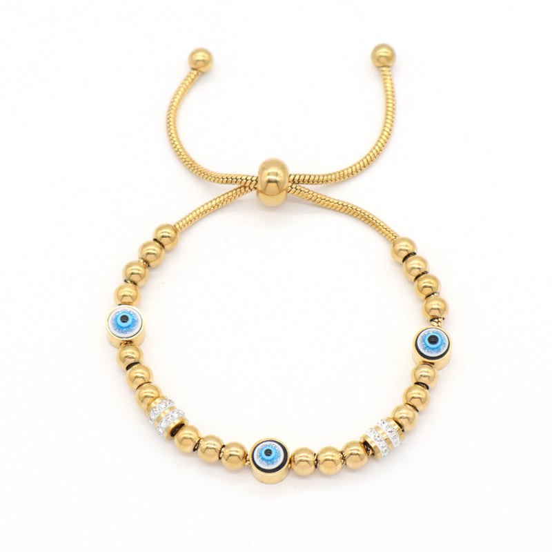 Ajustable Newest Women Customized Wholesale China Factory Manufacture Fashionable Devil Eyes Charm Bangle Jewelry Gift Gold Plated Stainless Steel CZ Blue Evil Eyes Bracelet