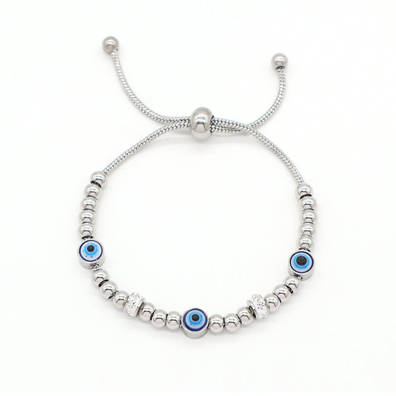 Ajustable Newest Women Customized Wholesale China Factory Manufacture Fashionable Devil Eyes Charm Bangle Jewelry Gift Gold Plated Stainless Steel CZ Blue Evil Eyes Bracelet