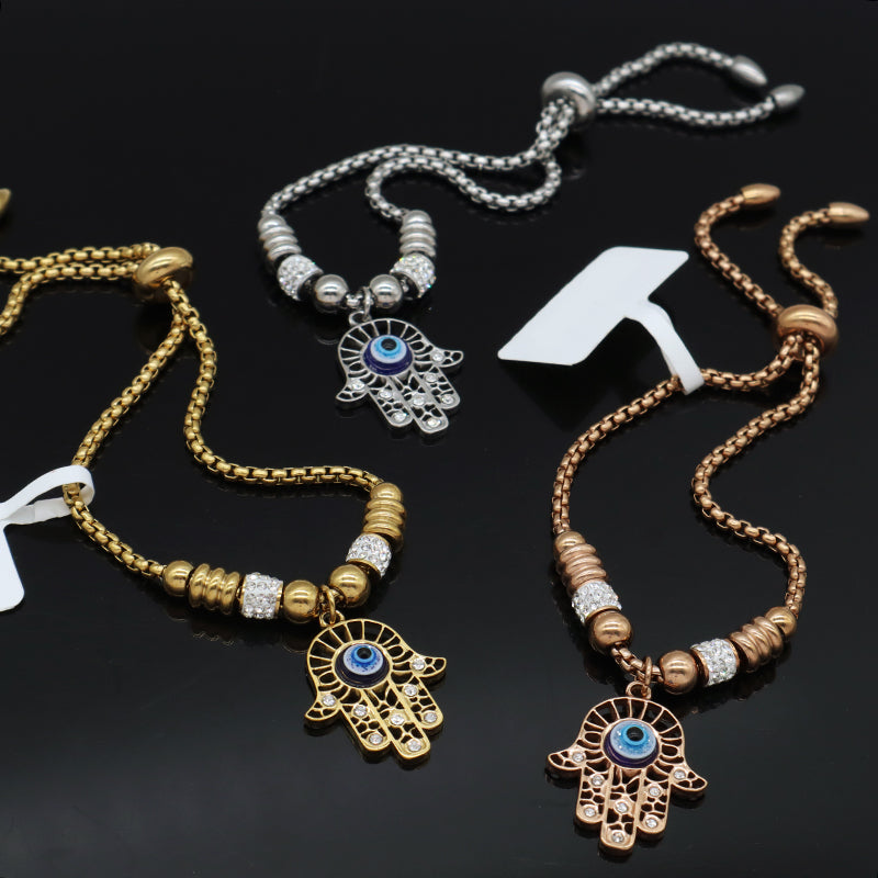 Manufacture Fashionable Customized Wholesale China Factory Women Devil Eyes Charm Bangle Jewelry Gift Ajustable Gold Plated Rose Gold Stainless Steel CZ Blue Evil Eyes Hand Bracelet