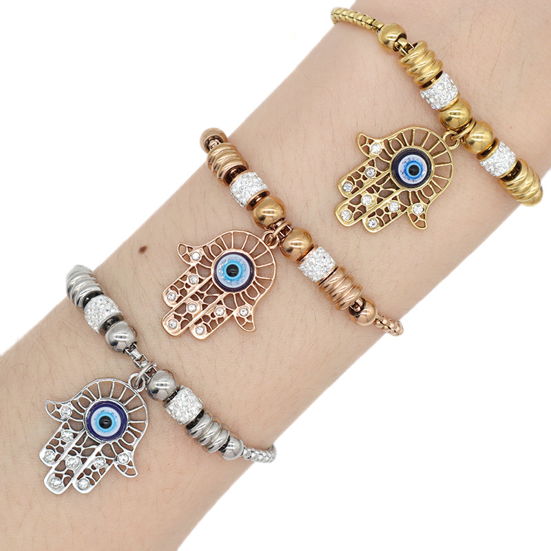 Manufacture Fashionable Customized Wholesale China Factory Women Devil Eyes Charm Bangle Jewelry Gift Ajustable Gold Plated Rose Gold Stainless Steel CZ Blue Evil Eyes Hand Bracelet