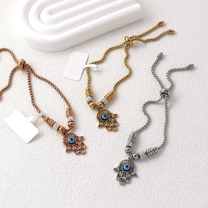 Manufacture Fashionable Customized Wholesale China Factory Women Devil Eyes Charm Bangle Jewelry Gift Ajustable Gold Plated Rose Gold Stainless Steel CZ Blue Evil Eyes Hand Bracelet