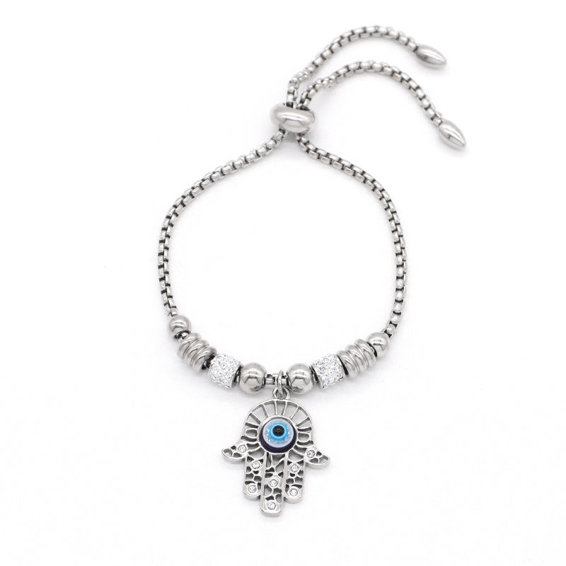 Manufacture Fashionable Customized Wholesale China Factory Women Devil Eyes Charm Bangle Jewelry Gift Ajustable Gold Plated Rose Gold Stainless Steel CZ Blue Evil Eyes Hand Bracelet
