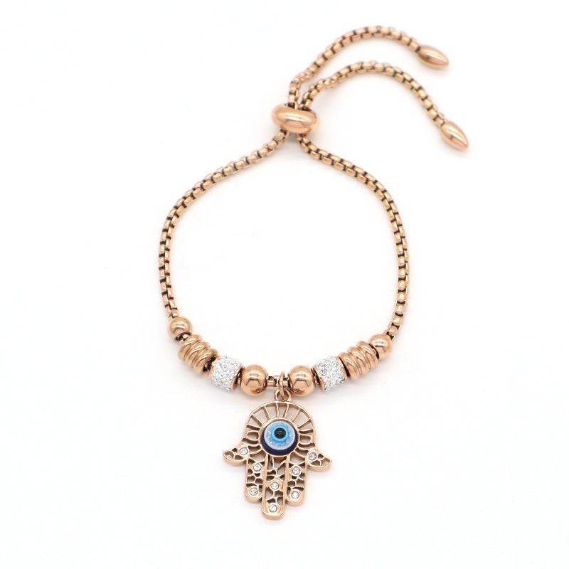 Manufacture Fashionable Customized Wholesale China Factory Women Devil Eyes Charm Bangle Jewelry Gift Ajustable Gold Plated Rose Gold Stainless Steel CZ Blue Evil Eyes Hand Bracelet