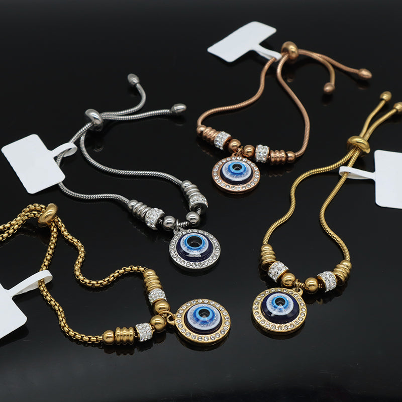 Newest Fashionable Customized Wholesale China Factory Manufacture Women Devil Eyes Charm Jewelry Gift Bangle Ajustable Gold Plated Stainless Steel CZ Turkish Round Blue Evil Eyes Bracelet