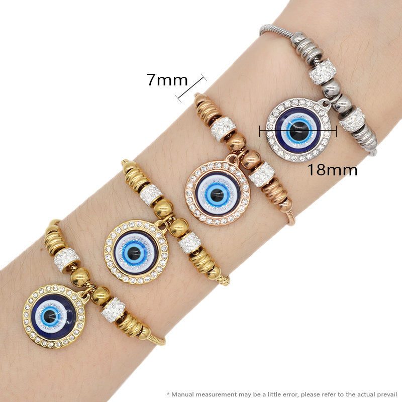 Newest Fashionable Customized Wholesale China Factory Manufacture Women Devil Eyes Charm Jewelry Gift Bangle Ajustable Gold Plated Stainless Steel CZ Turkish Round Blue Evil Eyes Bracelet