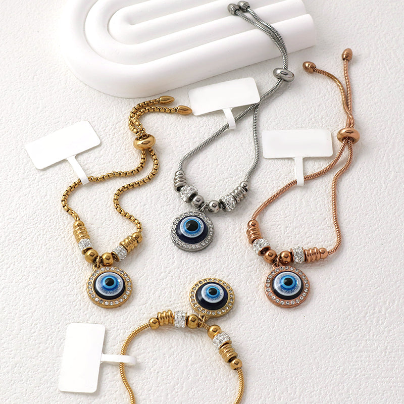 Newest Fashionable Customized Wholesale China Factory Manufacture Women Devil Eyes Charm Jewelry Gift Bangle Ajustable Gold Plated Stainless Steel CZ Turkish Round Blue Evil Eyes Bracelet