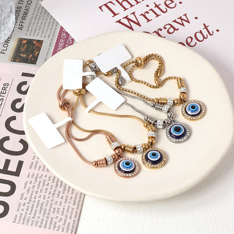 Newest Fashionable Customized Wholesale China Factory Manufacture Women Devil Eyes Charm Jewelry Gift Bangle Ajustable Gold Plated Stainless Steel CZ Turkish Round Blue Evil Eyes Bracelet