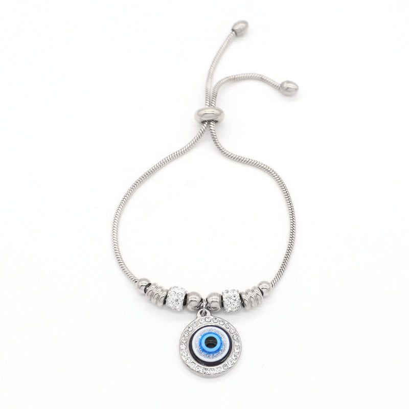 Newest Fashionable Customized Wholesale China Factory Manufacture Women Devil Eyes Charm Jewelry Gift Bangle Ajustable Gold Plated Stainless Steel CZ Turkish Round Blue Evil Eyes Bracelet