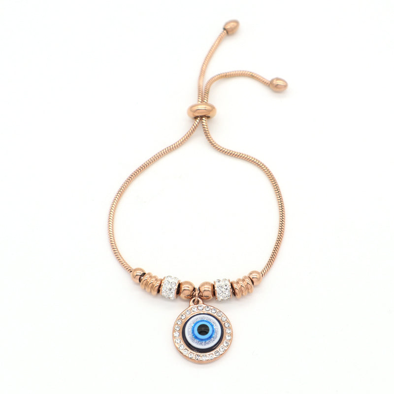 Newest Fashionable Customized Wholesale China Factory Manufacture Women Devil Eyes Charm Jewelry Gift Bangle Ajustable Gold Plated Stainless Steel CZ Turkish Round Blue Evil Eyes Bracelet
