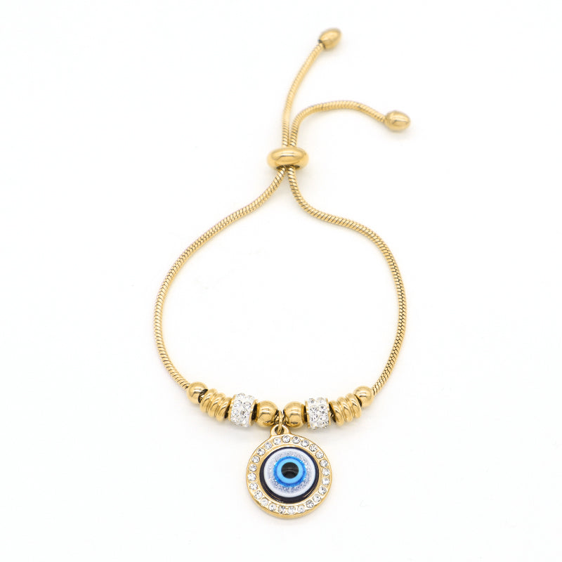 Newest Fashionable Customized Wholesale China Factory Manufacture Women Devil Eyes Charm Jewelry Gift Bangle Ajustable Gold Plated Stainless Steel CZ Turkish Round Blue Evil Eyes Bracelet
