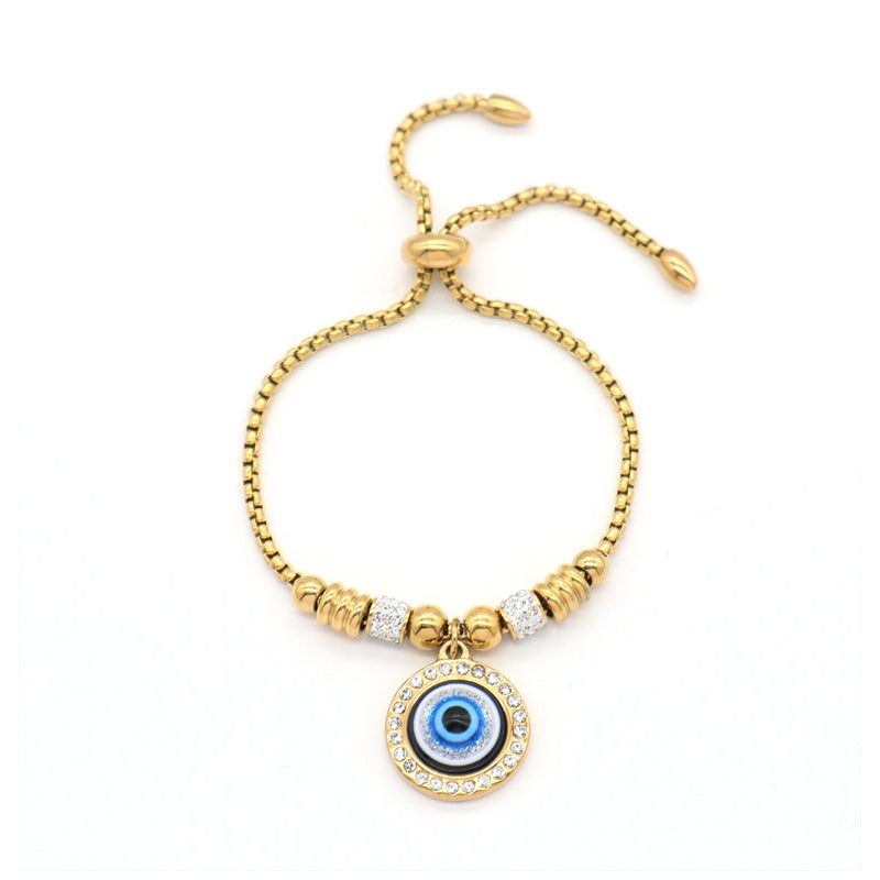 Newest Fashionable Customized Wholesale China Factory Manufacture Women Devil Eyes Charm Jewelry Gift Bangle Ajustable Gold Plated Stainless Steel CZ Turkish Round Blue Evil Eyes Bracelet