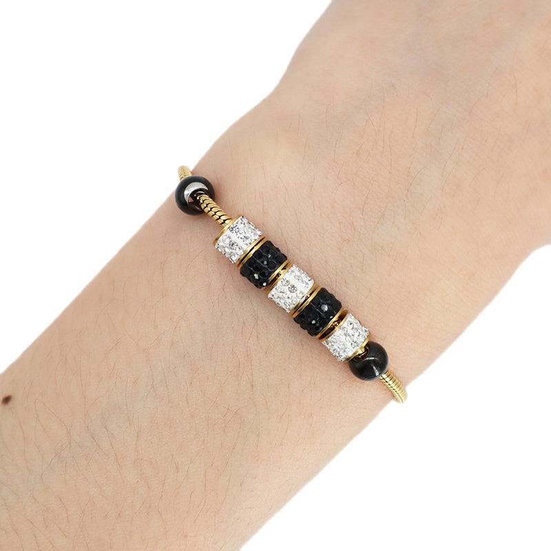 Customized Wholesale Fashionable Factory Newest Women Jewelry Ajustable Stainless Steel Gold Plated Black White CZ Beads Charm Bracelet Bangle