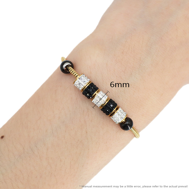 Customized Wholesale Fashionable Factory Newest Women Jewelry Ajustable Stainless Steel Gold Plated Black White CZ Beads Charm Bracelet Bangle