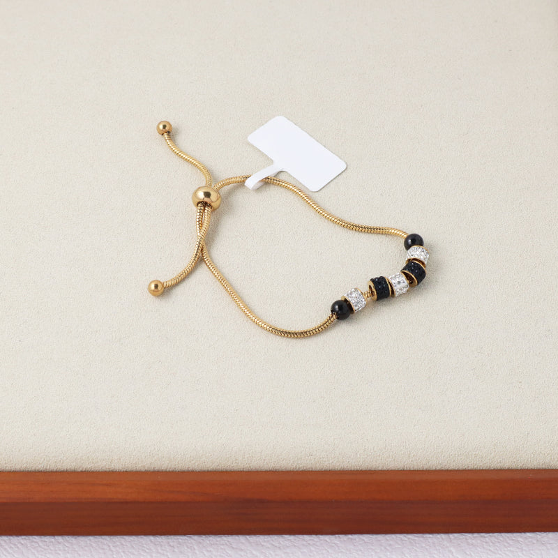 Customized Wholesale Fashionable Factory Newest Women Jewelry Ajustable Stainless Steel Gold Plated Black White CZ Beads Charm Bracelet Bangle