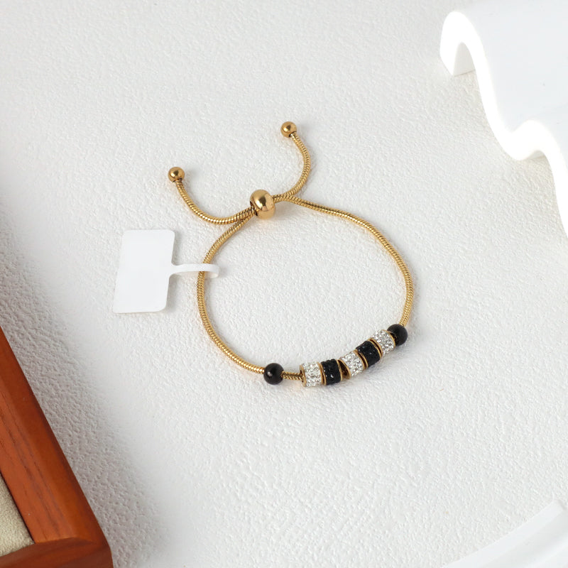Customized Wholesale Fashionable Factory Newest Women Jewelry Ajustable Stainless Steel Gold Plated Black White CZ Beads Charm Bracelet Bangle