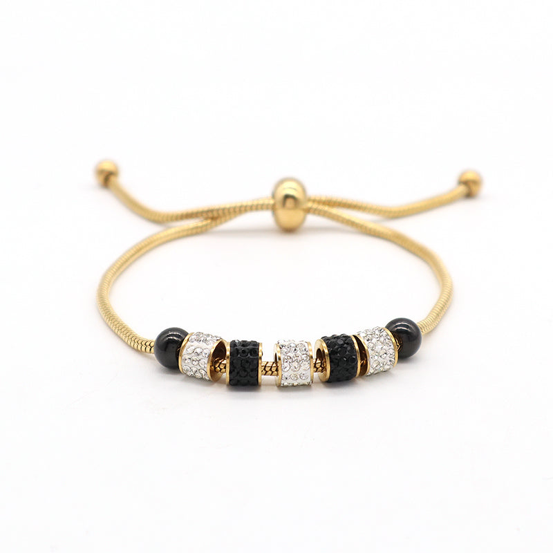 Customized Wholesale Fashionable Factory Newest Women Jewelry Ajustable Stainless Steel Gold Plated Black White CZ Beads Charm Bracelet Bangle