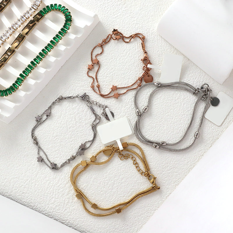 Double Layer New Fashion Wholesale Jewelry China Factory Manufacture Custom Ajustable CZ No Tarnish Stainless Steel Beads Charm Bangle Bracelet For Women