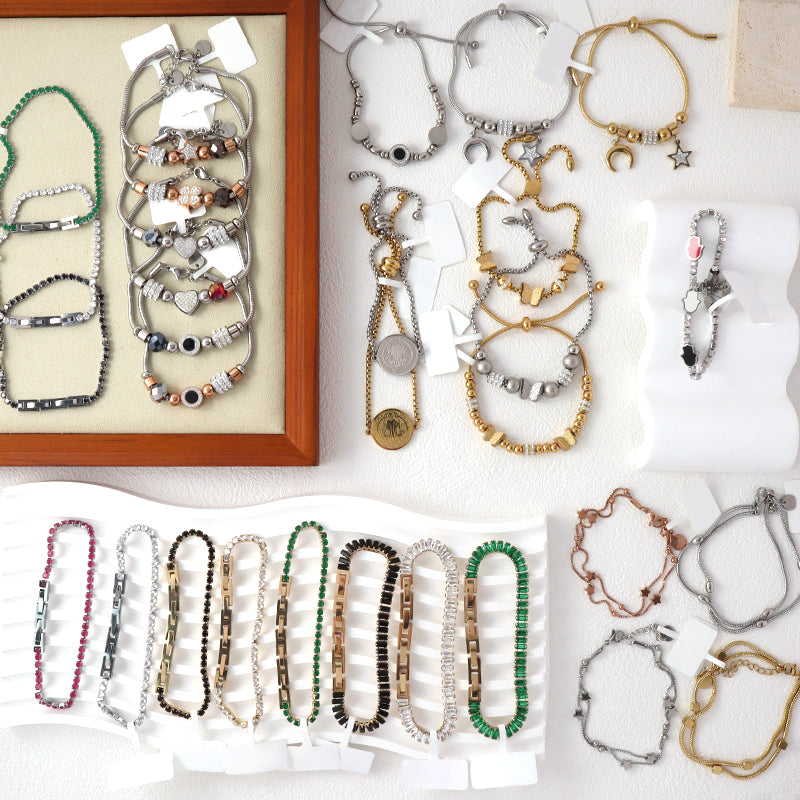 New Arrival Wholesale Fashion Jewelry Double Layer China Factory Manufacture Custom Ajustable Women CZ Gold Plated Stainless Steel Beads Charm Bangle Bracelet