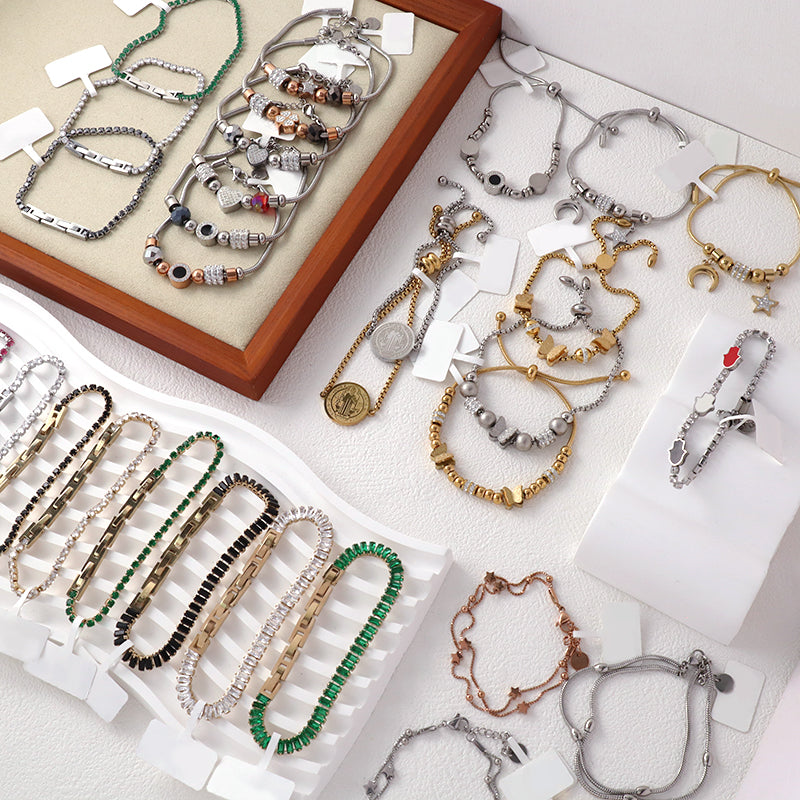 New Wholesale Manufacture Custom China Factory Trendy Women White Red Black Hand Charm Jewelry Ajustable No Tarnish Stainless Steel CZ Enamel Hand Bangle Bracelet