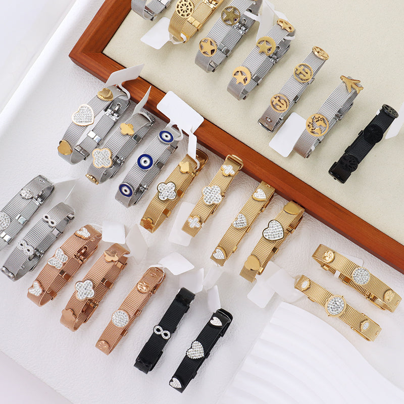 Fashion Design Newest Wholesale Women Custom Jewelry Ajustable Stainless Steel CZ Gold Plated Round Charm Bracelet Bangle