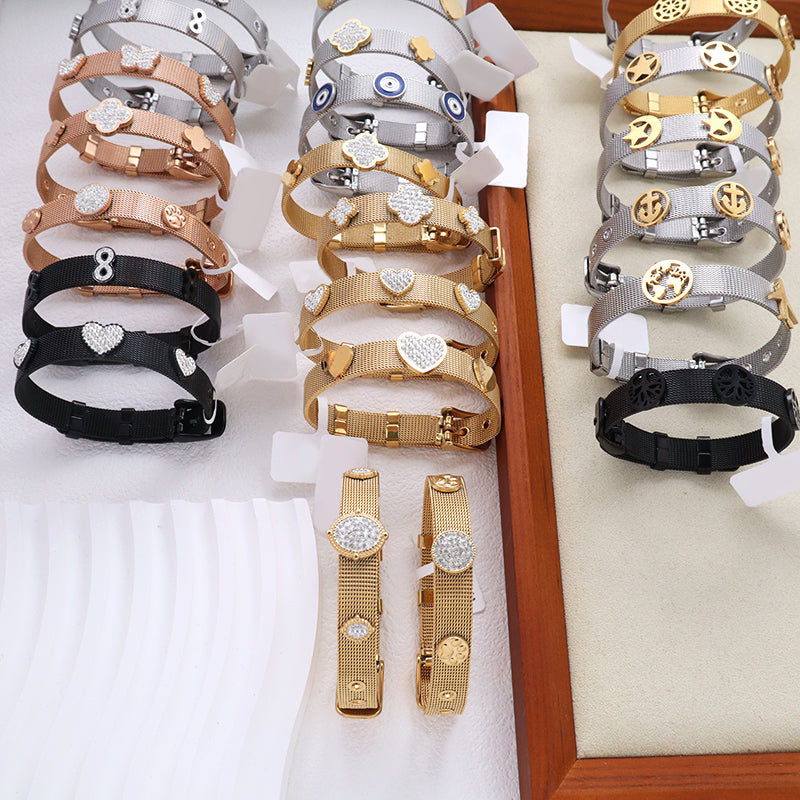 New Arrival Fashionable Wholesale Customized Women Jewelry Ajustable Stainless Steel CZ Gold Plated Rudder Charm Bracelet Bangle