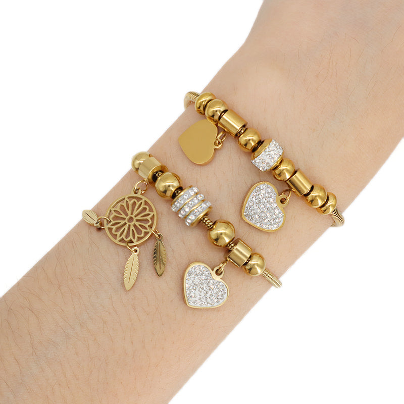 New Arrival Women Jewelry Fashionable China Factory Wholesale Custom Ajustable Gold Plated Stainless Steel CZ Love Heart Charm Bracelet Bangle