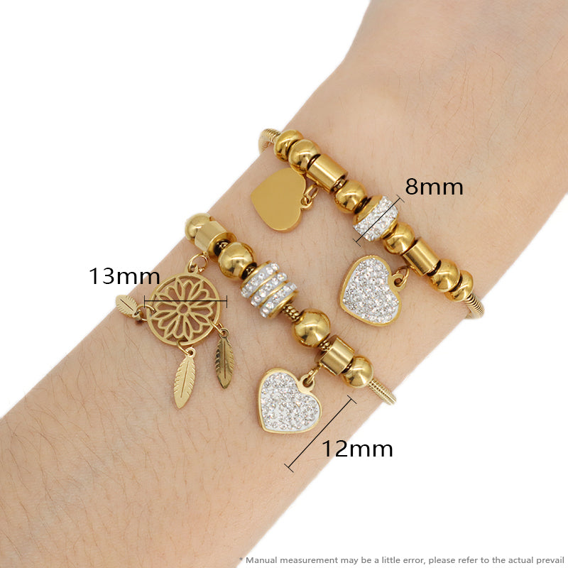 New Arrival Women Jewelry Fashionable China Factory Wholesale Custom Ajustable Gold Plated Stainless Steel CZ Love Heart Charm Bracelet Bangle