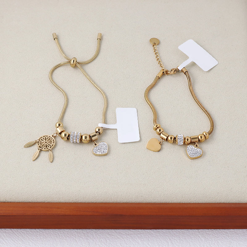 New Arrival Women Jewelry Fashionable China Factory Wholesale Custom Ajustable Gold Plated Stainless Steel CZ Love Heart Charm Bracelet Bangle