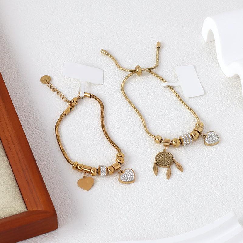 New Arrival Women Jewelry Fashionable China Factory Wholesale Custom Ajustable Gold Plated Stainless Steel CZ Love Heart Charm Bracelet Bangle