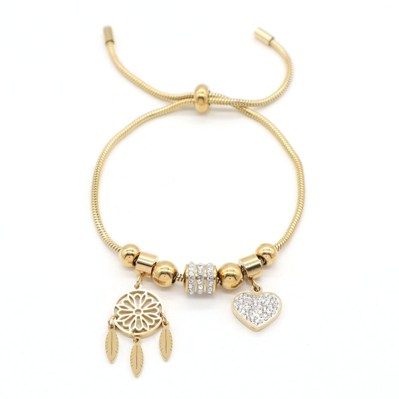 New Arrival Women Jewelry Fashionable China Factory Wholesale Custom Ajustable Gold Plated Stainless Steel CZ Love Heart Charm Bracelet Bangle