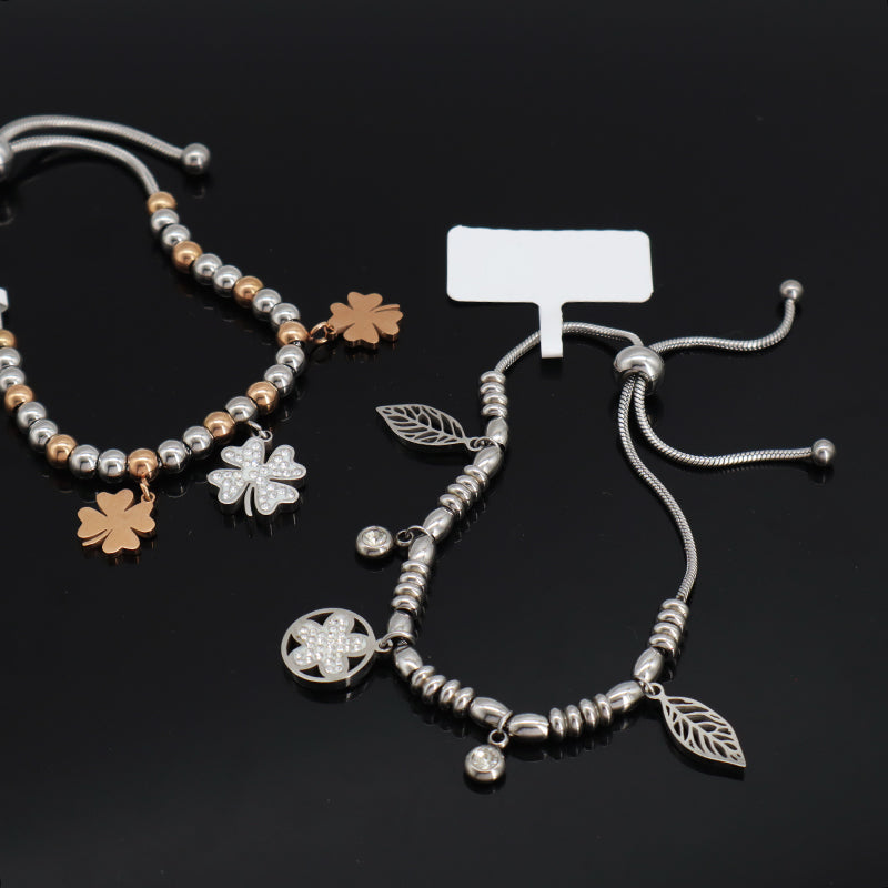Newest Wholesale 2023 Fashionable Factory Custom Women Jewelry Ajustable Stainless Steel Gold Plated Four Leaf Clover Flower leaf CZ Charm Bangle Bracelet