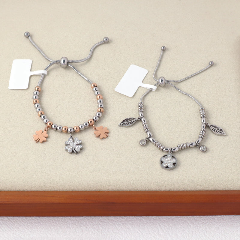 Newest Wholesale 2023 Fashionable Factory Custom Women Jewelry Ajustable Stainless Steel Gold Plated Four Leaf Clover Flower leaf CZ Charm Bangle Bracelet