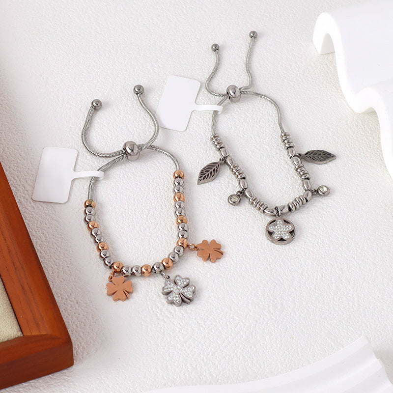 Newest Wholesale 2023 Fashionable Factory Custom Women Jewelry Ajustable Stainless Steel Gold Plated Four Leaf Clover Flower leaf CZ Charm Bangle Bracelet