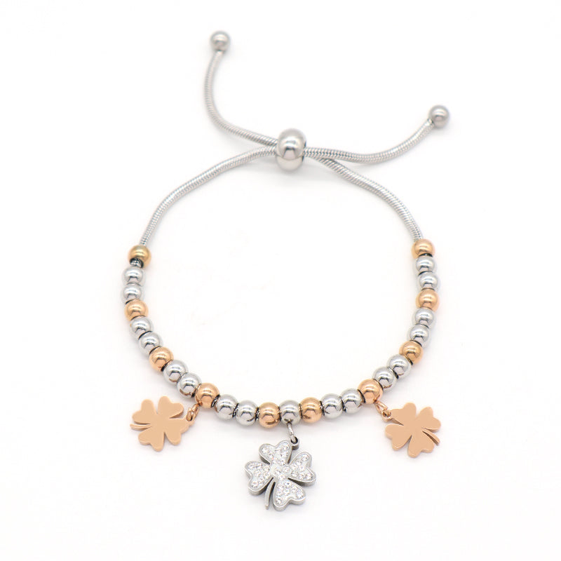 Newest Wholesale 2023 Fashionable Factory Custom Women Jewelry Ajustable Stainless Steel Gold Plated Four Leaf Clover Flower leaf CZ Charm Bangle Bracelet